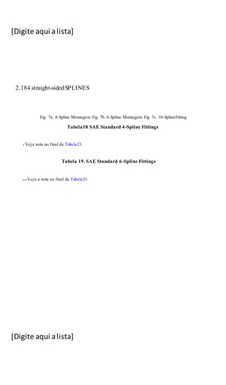 [Digite aqui alista]
[Digite aqui alista]
2.184 straight-sidedSPLINES
Fig. 7a. 4-Spline Montagem Fig. 7b. 6-Spline Montagem Fig. 7c. 10-SplineFitting
Tabela18 SAE Standard 4-Spline Fittings
a Veja nota no final da Tabela21.
Tabela 19. SAE Standard 6-Spline Fittings
um Veja a nota no final da Tabela21.
 