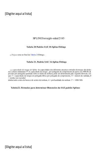 [Digite aqui alista]
[Digite aqui alista]
SPLINESstraight-sided2185
Tabela 20 Padrão SAE 10-Spline Fittings
um Veja a nota no final da Tabela 21Fittings.:
Tabela 21. Padrão SAE 16-Spline Fittings
uma capacidade de torque de Spline As capacidades dos diferentes encaixes estriados de torque são dadas
nas colunas intituladas"T".A capacidade de torque , por polegada de comprimento de apoio em 1000 lbs de
pressão por polegada quadrada sobre os lados da ranhura, pode ser determinada pela seguinte fórmula, em
que T = capacidade de torque em polegada-libras por polegada de comprimento, N = número de ranhuras, R
= média raio ouradial
distânciado centro do buraco de centro de ranhura, h = profundidade da ranhura: T = 1000 NRh
Tabela22. Fórmulas para determinar Dimensões da SAE padrão Splines
 