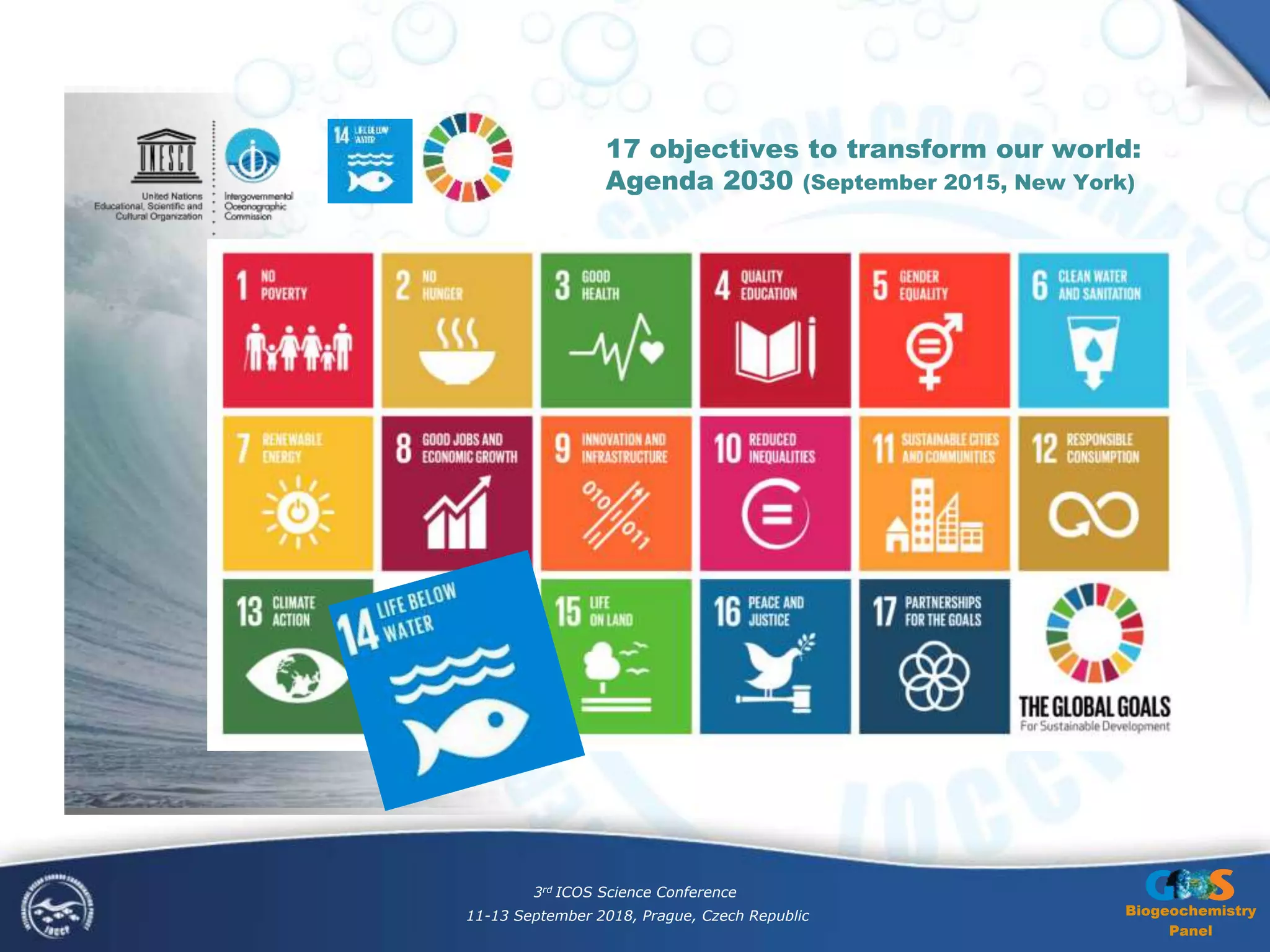 Biogeochemistry
Panel
17 objectives to transform our world:
Agenda 2030 (September 2015, New York)
3rd ICOS Science Conference
11-13 September 2018, Prague, Czech Republic
 