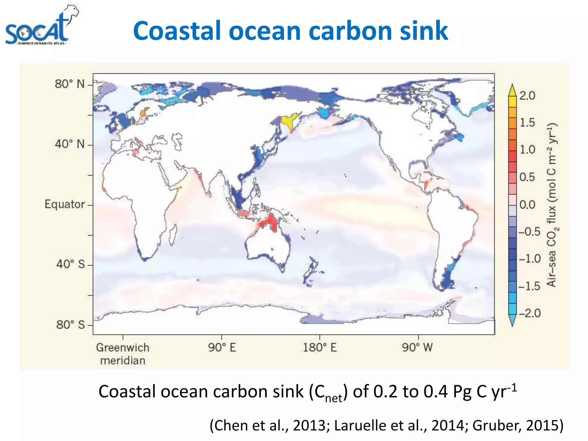 Coastal ocean carbon sink
(Chen et al., 2013; Laruelle et al., 2014; Gruber, 2015)
Coastal ocean carbon sink (Cnet) of 0.2 to 0.4 Pg C yr-1
 