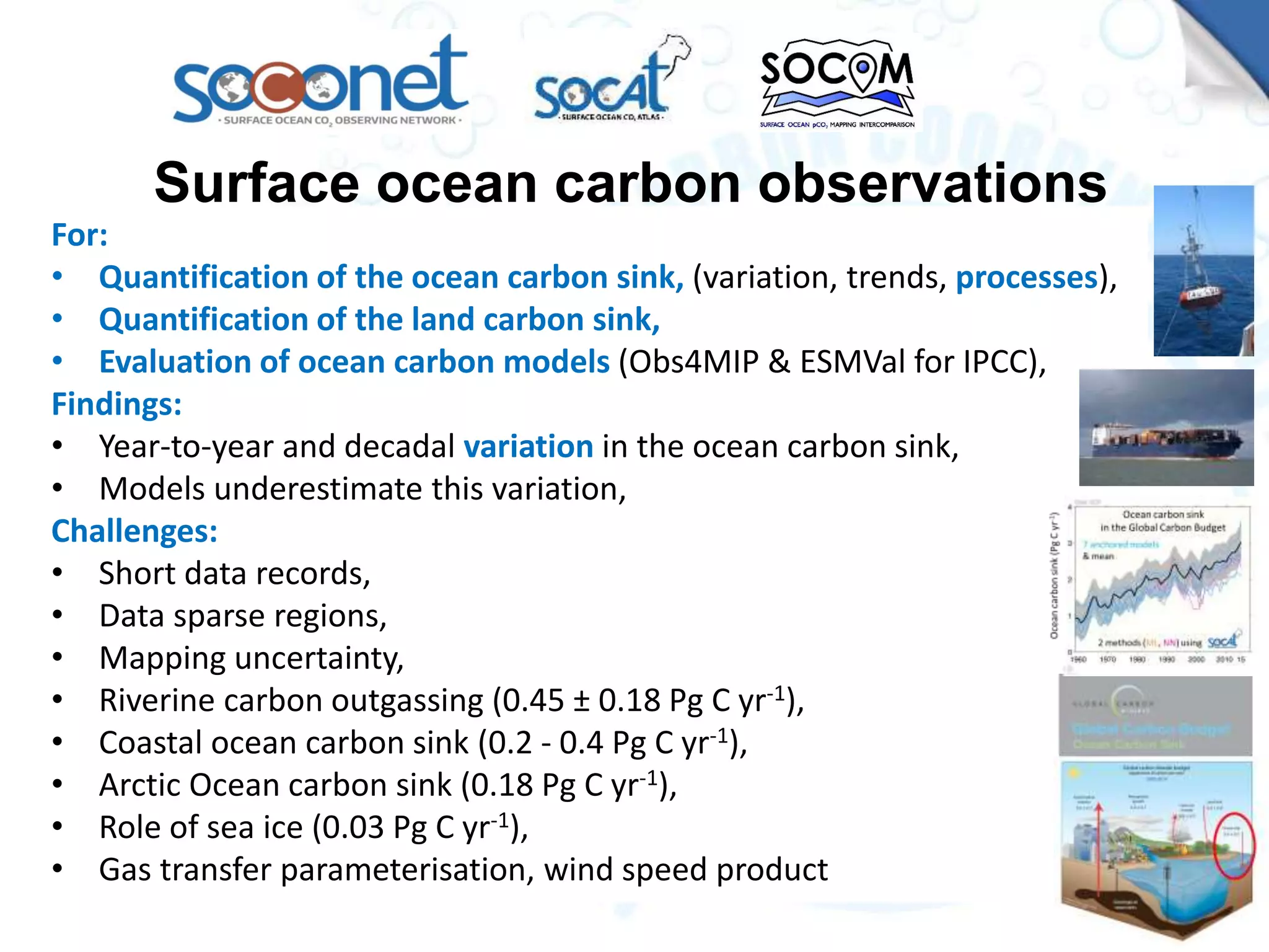 Surface ocean carbon observations
For:
• Quantification of the ocean carbon sink, (variation, trends, processes),
• Quantification of the land carbon sink,
• Evaluation of ocean carbon models (Obs4MIP & ESMVal for IPCC),
Findings:
• Year-to-year and decadal variation in the ocean carbon sink,
• Models underestimate this variation,
Challenges:
• Short data records,
• Data sparse regions,
• Mapping uncertainty,
• Riverine carbon outgassing (0.45 ± 0.18 Pg C yr-1),
• Coastal ocean carbon sink (0.2 - 0.4 Pg C yr-1),
• Arctic Ocean carbon sink (0.18 Pg C yr-1),
• Role of sea ice (0.03 Pg C yr-1),
• Gas transfer parameterisation, wind speed product
 