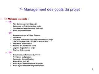 7- Management des coûts du projet
•

7.4 Maîtriser les coûts :
–

DE:
•
•
•
•

–

OT:
•
•
•
•
•
•
•

–

Plan de management de peojet
Exigences en financement du projet
Données sur la performance du travail
Actifs organisationnels
Management par la Valeur Acquise
Prévisions
Indice de performance pour l’achèvement du projet
(BAC– VA)/(BAC– CR) ou (BAC-VA)/(EAC-CR)
Revues de performance
Analyse des écarts des coûts
Logiciel de gestion de projet
Analyse de la réserve

DS:
•
•
•
•
•
•

Mesures de performance du travail
Prévisions budgétaires
Demandes de modification
Mises à jour du PMP
Mises à jour des documents du projet
Mises à jour des actifs organisationnels

6

 