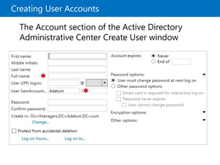 Creating User Accounts
The Account section of the Active Directory
Administrative Center Create User window
 