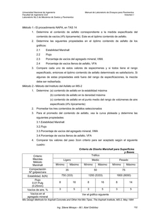 Universidad Nacional de Ingeniería Manual de Laboratorio de Ensayos para Pavimentos
Facultad de Ingeniería Civil Volumen I
Laboratorio No.2 de Mecánica de Suelos y Pavimentos
Método 1.- El procedimiento NAPA, en TAS 14
1. Determine el contenido de asfalto correspondiente a la medida especificada del
contenido de vacíos (4% típicamente). Este es el óptimo contenido de asfalto.
2. Determine las siguientes propiedades en el óptimo contenido de asfalto de los
gráficos:
2.1 Estabilidad Marshall
2.2 Flujo
2.3 Porcentaje de vacíos del agregado mineral, VMA
2.4 Porcentaje de vacíos llenos de asfalto, VFA
3. Compare cada uno de estos valores de especimenes y si todos tiene el rango
especificado, entonces el óptimo contenido de asfalto determinado es satisfactorio. Si
algunas de estas propiedades está fuera del rango de especificaciones, la mezcla
debe ser rediseñada.
Método 2.- Método del Instituto del Asfalto en MS-2
1. Determine: (a) contenido de asfalto en la estabilidad máxima
(b) contenido de asfalto en la densidad máxima
(c) contenido de asfalto en el punto medio del rango de volúmenes de aire
especificado (4% típicamente)
2. Promediar los tres contenidos de asfaltos seleccionados
3. Para el promedio del contenido de asfalto, vea la curva ploteada y determine las
siguientes propiedades:
3.1.Estabilidad Marshall
3.2.Flujo
3.3.Porcentaje de vacíos del agregado mineral, VMA
3.4.Porcentaje de vacíos llenos de asfalto, VFA
4. Comparar los valores del paso 3con criterio para ser aceptado según el siguiente
cuadro:
Criterio de Diseño Marshall para Superficies
y Bases
Tráfico
Ligero Medio Pesado
Criterio
Mezclas
Método
Marshall Mínimo Máximo Mínimo Máximo Mínimo Máximo
Compactación
Nº golpes/cara
35 50 75
Estabilidad, lb(N) 750 (333) 1200 (5333) 1800 (8000)
Flujo
0.01 Pulg
(0.25mm)
8 18 8 16 8 14
Vacíos de aire, % 3 5 3 5 3 5
Vacíos en el
agregado mineral
Ver el gráfico siguiente
Mix Design Methods for Asphalt Concrete and Other Hot Mix Tipes. The Asphalt Institute, MS-2, May 1984
Ing. Silene Minaya – M.I. Abel Ordóñez 152
 