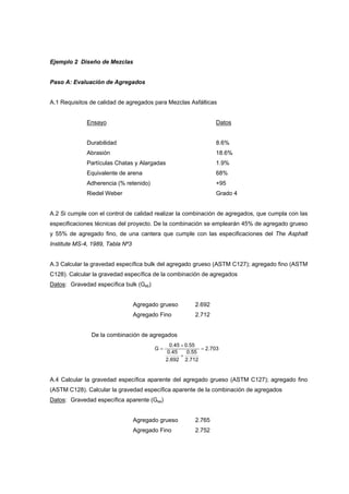 Ejemplo 2 Diseño de Mezclas
Paso A: Evaluación de Agregados
A.1 Requisitos de calidad de agregados para Mezclas Asfálticas
Ensayo Datos
Durabilidad 8.6%
Abrasión 18.6%
Partículas Chatas y Alargadas 1.9%
Equivalente de arena 68%
Adherencia (% retenido) +95
Riedel Weber Grado 4
A.2 Si cumple con el control de calidad realizar la combinación de agregados, que cumpla con las
especificaciones técnicas del proyecto. De la combinación se emplearán 45% de agregado grueso
y 55% de agregado fino, de una cantera que cumple con las especificaciones del The Asphalt
Institute MS-4, 1989, Tabla Nº3
A.3 Calcular la gravedad específica bulk del agregado grueso (ASTM C127); agregado fino (ASTM
C128). Calcular la gravedad específica de la combinación de agregados
Datos: Gravedad específica bulk (Gsb)
Agregado grueso 2.692
Agregado Fino 2.712
De la combinación de agregados
703.2
712.2
55.0
692.2
45.0
55.045.0
G =
+
+
=
A.4 Calcular la gravedad específica aparente del agregado grueso (ASTM C127); agregado fino
(ASTM C128). Calcular la gravedad específica aparente de la combinación de agregados
Datos: Gravedad específica aparente (Gsa)
Agregado grueso 2.765
Agregado Fino 2.752
 