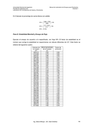 Universidad Nacional de Ingeniería Manual de Laboratorio de Ensayos para Pavimentos
Facultad de Ingeniería Civil Volumen I
Laboratorio No.2 de Mecánica de Suelos y Pavimentos
D.4 Calcular el porcentaje de vacíos llenos con asfalto
%8.47VFA
100
17.7
9.24-17.7
VFA
100
VMA
VTM-VMA
VFA
=
×⎟⎟
⎠
⎞
⎜⎜
⎝
⎛
=
×⎟⎟
⎠
⎞
⎜⎜
⎝
⎛
=
Paso E: Estabilidad Marshall y Ensayo de Flujo
Ejecutar el ensayo de acuerdo a lo especificado, ver Hoja Nº4. El factor de estabilidad es el
número que corrige la estabilidad en especimenes con alturas diferentes de 2.5”. Este factor se
obtiene del siguiente cuadro:
Volumen de
la muestra
cm
3
Altura aproximada
de la muestra
cm
Factor de
corrección
200-213 2.54 5.56
214-225 2.70 5.00
226-237 2.86 4.55
238-250 3.02 4.17
251-264 3.18 3.85
265-276 3.34 3.57
277-289 3.49 3.33
290-301 3.65 3.03
302-316 3.81 2.78
317-328 3.97 2.50
329-340 4.13 2.27
341-353 4.29 2.08
354-367 4.45 1.92
368-379 4.61 1.79
380-392 4.76 1.67
393-405 4.92 1.56
406-420 5.08 1.47
421-431 5.24 1.39
432-443 5.40 1.32
444-456 5.56 1.25
457-470 5.72 1.19
471-482 5.87 1.14
483-495 6.03 1.09
496-508 6.19 1.04
509-522 6.35 1.00
523-535 6.51 0.96
536-546 6.67 0.93
547-559 6.83 0.89
560-573 6.99 0.86
574-585 7.14 0.83
586-598 7.30 0.81
299-610 7.46 0.78
611-625 7.62 0.76
Ing. Silene Minaya – M.I. Abel Ordóñez 168
 