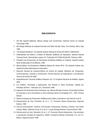BIBLIOGRAFIA
1. Hot Mix Asphalt Materials, Mixture Design and Construction. National Center for Asphalt
Technology 1996
2. Mix Design Methods for Asphalt Concrete and Other Hot Mix Tipes. The Institute, MS-2, May
1996
3. The Asphalt Handbook. The Asphalt Institute, Manual de Series Nº4 (MS-4) 1989 Edition
4. Antecedentes del Diseño y Análisis de Mezclas Asfálticas de Superpave. National Asphalt
Training Center. Demostration project 101. Publication Nº FHWA-SA-95-003. February 1995.
5. Principios de Construcción de Pavimentos de Mezcla Asfáltica en Caliente. Asphalt Institute
Serie de Manuales Nº 22 (MS-22), 1992
6. Manual Básico de Emulsiones Asfálticas Manual de Series Nº19. The Asphalt Institute and
Asphalt Emulsion Manufactures Association.
7. Dirección General de Caminos-Oficina de Control de Calidad, Ministerio de Transportes,
Comunicaciones, Vivienda y Construcción. Primera Reunión de Capacitación y Coordinación
Técnica de la DGC AF-2000
8. Especificaciones Técnicas Asfaltos Petroperú S.A. IV Congreso Nacional de Asfaltos, Agosto
2000
9. Los Asfaltos, Tecnología y Aplicaciones. Ingº Ricardo E. Bisso Fernández. Editado por
Petróleos del Perú – Petroperú S.A., Noviembre 1998
10. Ingeniería de Pavimentos para Carreteras. Ing. Alfonso Montejo Fonseca. Universidad Católica
de Colombia y de la Universidad La Gran Colombia Santa Fé de Bogotá, D.C., 1997. Primera
Edición.
11. Diseño de Espesores Pavimentos Asfálticos para Calles y Carreteras. Ingº Germán Vivar R.
12. Estructuración de Vías Terrestres. M. en I., I.C. Fernando Olivera Bustamante, Segunda
Edición, 1996
13. Vías de Comunicación. Caminos, Ferrocarriles, Aeropuertos, Puentes y Puertos. Ingº Carlos
Crespo Villalaz. Editorial Limusa, S.A. de C.V. grupo Noriega Editores Tercera Edición 1996
14. Estructuración de Vías Terrestres. M. en I., I.C. Fernando Olivera Bustamante, Vías terrestres
y pavimentos Facultad de Ingeniería, UNAM. Compañía Editorial Continental, S.A. de C.V.
México. Segunda edición 1996.
 