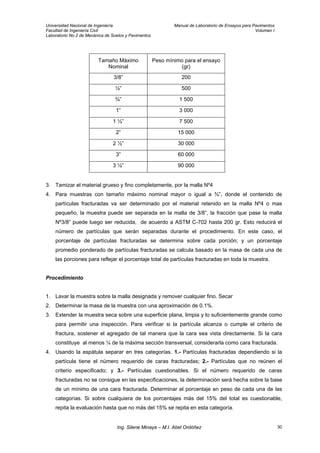 Universidad Nacional de Ingeniería Manual de Laboratorio de Ensayos para Pavimentos
Facultad de Ingeniería Civil Volumen I
Laboratorio No.2 de Mecánica de Suelos y Pavimentos
Tamaño Máximo
Nominal
Peso mínimo para el ensayo
(gr)
3/8” 200
½” 500
¾” 1 500
1” 3 000
1 ½” 7 500
2” 15 000
2 ½” 30 000
3” 60 000
3 ½” 90 000
3. Tamizar el material grueso y fino completamente, por la malla Nº4
4. Para muestras con tamaño máximo nominal mayor o igual a ¾”, donde el contenido de
partículas fracturadas va ser determinado por el material retenido en la malla Nº4 o mas
pequeño, la muestra puede ser separada en la malla de 3/8”, la fracción que pase la malla
Nº3/8” puede luego ser reducida, de acuerdo a ASTM C-702 hasta 200 gr. Esto reducirá el
número de partículas que serán separadas durante el procedimiento. En este caso, el
porcentaje de partículas fracturadas se determina sobre cada porción; y un porcentaje
promedio ponderado de partículas fracturadas se calcula basado en la masa de cada una de
las porciones para reflejar el porcentaje total de partículas fracturadas en toda la muestra.
Procedimiento
1. Lavar la muestra sobre la malla designada y remover cualquier fino. Secar
2. Determinar la masa de la muestra con una aproximación de 0.1%.
3. Extender la muestra seca sobre una superficie plana, limpia y lo suficientemente grande como
para permitir una inspección. Para verificar si la partícula alcanza o cumple el criterio de
fractura, sostener el agregado de tal manera que la cara sea vista directamente. Si la cara
constituye al menos ¼ de la máxima sección transversal, considerarla como cara fracturada.
4. Usando la espátula separar en tres categorías. 1.- Partículas fracturadas dependiendo si la
partícula tiene el número requerido de caras fracturadas; 2.- Partículas que no reúnen el
criterio especificado; y 3.- Partículas cuestionables. Si el número requerido de caras
fracturadas no se consigue en las especificaciones, la determinación será hecha sobre la base
de un mínimo de una cara fracturada. Determinar el porcentaje en peso de cada una de las
categorías. Si sobre cualquiera de los porcentajes más del 15% del total es cuestionable,
repita la evaluación hasta que no más del 15% se repita en esta categoría.
Ing. Silene Minaya – M.I. Abel Ordóñez 30
 