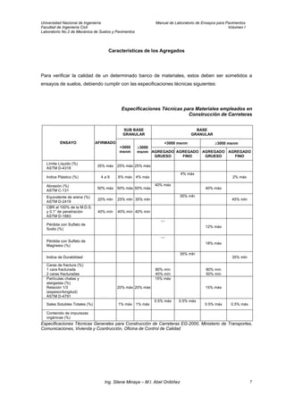 Universidad Nacional de Ingeniería Manual de Laboratorio de Ensayos para Pavimentos
Facultad de Ingeniería Civil Volumen I
Laboratorio No.2 de Mecánica de Suelos y Pavimentos
Características de los Agregados
Para verificar la calidad de un determinado banco de materiales, estos deben ser sometidos a
ensayos de suelos, debiendo cumplir con las especificaciones técnicas siguientes:
Especificaciones Técnicas para Materiales empleados en
Construcción de Carreteras
SUB BASE
GRANULAR
BASE
GRANULAR
<3000 msnm ≥3000 msnmENSAYO AFIRMADO
<3000
msnm
≥3000
msnm AGREGADO
GRUESO
AGREGADO
FINO
AGREGADO
GRUESO
AGREGADO
FINO
Límite Líquido (%)
ASTM D-4318
35% máx 25% máx 25% máx
Indice Plástico (%) 4 a 9 6% máx 4% máx
4% máx
2% máx
Abrasión (%)
ASTM C-131
50% máx 50% máx 50% máx
40% máx
40% máx
Equivalente de arena (%)
ASTM D-2419
20% mIn 25% mIn 35% mIn
35% mIn
45% mIn
CBR al 100% de la M.D.S.
y 0.1” de penetración
ASTM D-1883
40% mín 40% mín 40% mín
Pérdida con Sulfato de
Sodio (%)
-.-
12% máx
Pérdida con Sulfato de
Magnesio (%)
-.-
18% máx
Indice de Durabilidad
35% mIn
35% mIn
Caras de fractura (%)
1 cara fracturada
2 caras fracturadas
80% mín
40% mín
80% mín
50% mín
Partículas chatas y
alargadas (%)
Relación 1/3
(espesor/longitud)
ASTM D-4791
20% máx 20% máx
15% máx
15% máx
Sales Solubles Totales (%) 1% máx 1% máx
0.5% máx 0.5% máx
0.5% máx 0.5% máx
Contenido de impurezas
orgánicas (%)
Especificaciones Técnicas Generales para Construcción de Carreteras EG-2000, Ministerio de Transportes,
Comunicaciones, Vivienda y Cosntrucción, Oficina de Control de Calidad
Ing. Silene Minaya – M.I. Abel Ordóñez 7
 