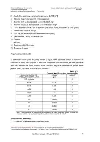 Universidad Nacional de Ingeniería Manual de Laboratorio de Ensayos para Pavimentos
Facultad de Ingeniería Civil Volumen I
Laboratorio No. 2 de Mecánica de Suelos y Pavimentos
2. Estufa. Que alcance y mantenga temperaturas de 145 ±5ºC
3. Cápsula. De porcelana de 300 ml de capacidad
4. Balanza. De 1 kg de capacidad, sensibilidad de 0.1 gr.
5. Balanza. De 200 gr. de capacidad, sensibilidad de 0.01 gr.
6. Tubos de ensayo. De 1.3 cm de diámetro y 15 cm de altura1
, resistentes al calor (pirex)
7. Soporte para tubos de ensayo
8. Fiola. de 500 ml de capacidad resistente al calor (pirex)
9. Vaso de pirex. De 400 ml de capacidad
10. Espátula
11. Mechero
12. Cronómetro. De 10 minutos
13. Chisguete de agua
Preparación de la Solución
El carbonato sódico puro (Na2CO3) anhidro y agua, H2O, destilada forman la solución de
carbonato de sodio. Para preparar la disolución a diferentes concentraciones, se debe disolver el
peso de Carbonato de Sodio indicado en la Tabla Nº1, según la concentración que se desee
obtener, hasta completar un litro de agua destilada.
Tabla Nº1
Peso de Na2CO3 por litro de disolución
CONCENTRACIÓN DE
DISOLUCIONES MOLARES
CO3Na2
gr/lt
GRADO
H2O destilada 0
M/256 0.414 1
M/128 0.828 2
m/64 1.656 3
m/32 3.313 4
m/16 6.625 5
m/8 13.250 6
m/4 26.500 7
m/2 53.000 8
m/1 106.000 9
Nota.- Preferentemente las disoluciones se prepararán de nuevo para cada ensayo o tandas de
ensayo a realizar, y no se utilizarán aquellas que lleven elaboradas más de 4 días
2
.
Procedimiento de ensayo
1. Extraer una muestra representativa por cuarteo.
1
La norma española emplea tubos de ensayo de 2.0 cm de diámetro y 20.0 cm de altura
2
Adhesividad de los Agregados Bituminosos a los áridos Finos (Procedimiento Riedel-Weber) MTC E220-1999
Ing. Silene Minaya – M.I. Abel Ordóñez 85
 