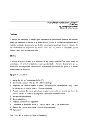 DESTILACIÓN DE ASFALTOS LIQUIDOS
ASTM D-402
Ing. Silene Minaya González
M.I. Abel Ordóñez Huamán
Finalidad
El ensayo de destilación se emplea para determinar las proporciones relativas de cemento
asfáltico y disolventes presentes en el asfalto líquido. Durante el proceso de ensayo se podrá
medir las cantidades de disolvente que destilan a diversas temperaturas, dando un indicativo de
las características de evaporación del mismo. Estas, a su vez, indican la velocidad a que el
material curará después de su aplicación.
Objetivo
El proceso de ensayo consiste en la destilación de una muestra de 200 cm3
de asfalto líquido en
un matraz de 500 cm3
, elevando la temperatura y midiendo los volúmenes de disolvente que se
recepcionan en una probeta, a temperaturas especificadas. El material que queda en el matraz
será el residuo de destilación.
Equipos de Laboratorio
1. Matraz. De 500 cm3
mostrado en la Fig. Nº1
2. Condensador recto de vidrio. De 200 a 300 mm de largo
3. Alargadera. De 1 mm de espesor de pared y borde reforzado, con ángulo de 105º y 18 mm
de diámetro en su extremo superior y 5 mm en el inferior
4. Pantalla metálica. De hierro galvanizado forrado interiormente con amianto de 3 mm de
grosor y provisto de ventanas rectangulares cubiertas de mica transparente.
5. Mechero de gas graduable
6. Chimenea de hierro
7. Probetas. De 100 cm3
de capacidad
8. Termómetro de destilación. ASTM E-1, de -2ºC a 400º C de 1ºC de error máximo
9. Balanza. De 5 kg. de capacidad y 1.0 gramo de aproximación
10. Sujetadores
En la Figura Nº2 se muestra el Equipo de Destilación
 