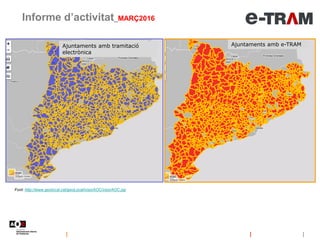 Ajuntaments amb tramitació
electrònica
Ajuntaments amb e-TRAM
Informe d’activitat_MARÇ2016
Font: http://www.geolocal.cat/geoLocal/visorAOC/visorAOC.jsp
 