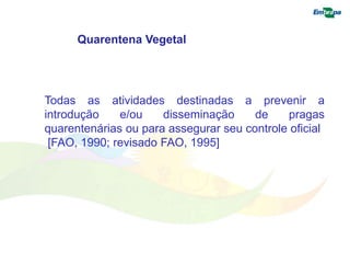 Quarentena Vegetal 
Todas as atividades destinadas a prevenir a 
introdução e/ou disseminação de pragas 
quarentenárias ou para assegurar seu controle oficial 
[FAO, 1990; revisado FAO, 1995] 
 