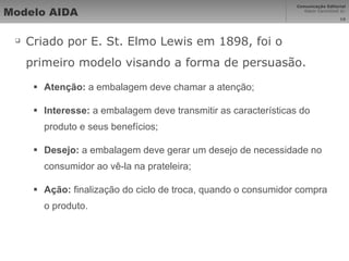 Modelo AIDA Criado por E. St. Elmo Lewis em 1898, foi o primeiro modelo visando a forma de persuasão. Atenção:  a embalagem deve chamar a atenção; Interesse:  a embalagem deve transmitir as características do produto e seus benefícios; Desejo:  a embalagem deve gerar um desejo de necessidade no consumidor ao vê-la na prateleira; Ação:  finalização do ciclo de troca, quando o consumidor compra o produto. 