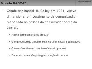 Modelo DAGMAR Criado por Russell H. Colley em 1961, visava dimensionar o investimento da comunicação, mapeando os passos do consumidor antes da compra. Prévio conhecimento do produto; Compreensão do produto, suas características e qualidades; Convicção sobre os reais benefícios do produto; Poder de persuasão para gerar a ação de compra. 