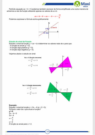 126
Partindo equação ax + b = 0 podemos também escrever de forma simplificada uma outra maneira de
acharmos a raiz da função utilizando apenas os valores de a e b.
𝒂𝒙 + 𝒃 = 𝟎 → 𝒂𝒙 = −𝒃 → 𝒙 =
−𝒃
𝒂
Podemos expressar a fórmula acima graficamente:
Estudo do sinal da Função
Estudar o sinal da função y = ax + b é determinar os valores reais de x para que:
- A função se anule (y = 0);
- A função seja positiva (y > 0);
- A função seja negativa (y < 0).
Vejamos abaixo o estudo do sinal:
Exemplo:
Estudar o sinal da função y = 2x – 4 (a = 2 > 0).
1) Qual o valor de x que anula a função?
y = 0
2x – 4 = 0
2x = 4
x =
2
4
x = 2
A função se anula para x = 2.
1671811 E-book gerado especialmente para CARLA DIAS FERRAZ
 