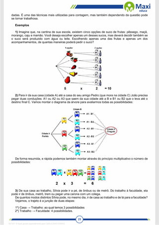 23
dadas. É uma das técnicas mais utilizadas para contagem, mas também dependendo da questão pode
se tornar trabalhosa.
Exemplos
1) Imagine que, na cantina de sua escola, existem cinco opções de suco de frutas: pêssego, maçã,
morango, caju e mamão. Você deseja escolher apenas um desses sucos, mas deverá decidir também se
o suco será produzido com água ou leite. Escolhendo apenas uma das frutas e apenas um dos
acompanhamentos, de quantas maneiras poderá pedir o suco?
2) Para ir da sua casa (cidade A) até a casa do seu amigo Pedro (que mora na cidade C) João precisa
pegar duas conduções: A1 ou A2 ou A3 que saem da sua cidade até a B e B1 ou B2 que o leva até o
destino final C. Vamos montar o diagrama da árvore para avaliarmos todas as possibilidades:
De forma resumida, e rápida podemos também montar através do princípio multiplicativo o número de
possibilidades:
3) De sua casa ao trabalho, Sílvia pode ir a pé, de ônibus ou de metrô. Do trabalho à faculdade, ela
pode ir de ônibus, metrô, trem ou pegar uma carona com um colega.
De quantos modos distintos Sílvia pode, no mesmo dia, ir de casa ao trabalho e de lá para a faculdade?
Vejamos, o trajeto é a junção de duas etapas:
1º) Casa → Trabalho: ao qual temos 3 possibilidades
2º) Trabalho → Faculdade: 4 possibilidades.
1671811 E-book gerado especialmente para CARLA DIAS FERRAZ
 