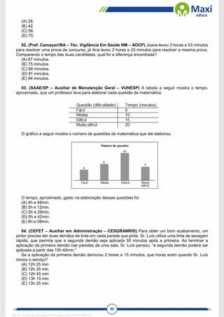 40
(A) 28.
(B) 42.
(C) 56.
(D) 70.
02. (Pref. Camaçari/BA – Téc. Vigilância Em Saúde NM – AOCP) Joana levou 3 horas e 53 minutos
para resolver uma prova de concurso, já Ana levou 2 horas e 25 minutos para resolver a mesma prova.
Comparando o tempo das duas candidatas, qual foi a diferença encontrada?
(A) 67 minutos.
(B) 75 minutos.
(C) 88 minutos.
(D) 91 minutos.
(E) 94 minutos.
03. (SAAE/SP – Auxiliar de Manutenção Geral – VUNESP) A tabela a seguir mostra o tempo,
aproximado, que um professor leva para elaborar cada questão de matemática.
O gráfico a seguir mostra o número de questões de matemática que ele elaborou.
O tempo, aproximado, gasto na elaboração dessas questões foi
(A) 4h e 48min.
(B) 5h e 12min.
(C) 5h e 28min.
(D) 5h e 42min.
(E) 6h e 08min.
04. (CEFET – Auxiliar em Administração – CESGRANRIO) Para obter um bom acabamento, um
pintor precisa dar duas demãos de tinta em cada parede que pinta. Sr. Luís utiliza uma tinta de secagem
rápida, que permite que a segunda demão seja aplicada 50 minutos após a primeira. Ao terminar a
aplicação da primeira demão nas paredes de uma sala, Sr. Luís pensou: “a segunda demão poderá ser
aplicada a partir das 15h 40min.”
Se a aplicação da primeira demão demorou 2 horas e 15 minutos, que horas eram quando Sr. Luís
iniciou o serviço?
(A) 12h 25 min
(B) 12h 35 min
(C) 12h 45 min
(D) 13h 15 min
(E) 13h 25 min
1671811 E-book gerado especialmente para CARLA DIAS FERRAZ
 