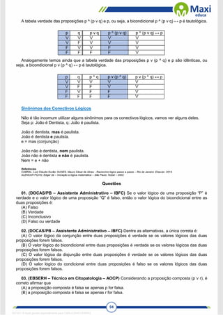 94
A tabela verdade das proposições p ^ (p v q) e p, ou seja, a bicondicional p ^ (p v q) ↔ p é tautológica.
Analogamente temos ainda que a tabela verdade das proposições p v (p ^ q) e p são idênticas, ou
seja, a bicondicional p v (p ^ q) ↔ p é tautológica.
Sinônimos dos Conectivos Lógicos
Não é tão incomum utilizar alguns sinônimos para os conectivos lógicos, vamos ver alguns deles.
Seja p: João é Dentista, q: João é paulista.
João é dentista, mas é paulista.
João é dentista e paulista.
e = mas (conjunção)
João não é dentista, nem paulista.
João não é dentista e não é paulista.
Nem = e + não
Referências
CABRAL, Luiz Cláudio Durão; NUNES, Mauro César de Abreu - Raciocínio lógico passo a passo – Rio de Janeiro: Elsevier, 2013.
ALENCAR FILHO, Edgar de – Iniciação a lógica matemática – São Paulo: Nobel – 2002.
Questões
01. (DOCAS/PB – Assistente Administrativo – IBFC) Se o valor lógico de uma proposição “P” é
verdade e o valor lógico de uma proposição “Q” é falso, então o valor lógico do bicondicional entre as
duas proposições é:
(A) Falso
(B) Verdade
(C) Inconclusivo
(D) Falso ou verdade
02. (DOCAS/PB – Assistente Administrativo – IBFC) Dentre as alternativas, a única correta é:
(A) O valor lógico da conjunção entre duas proposições é verdade se os valores lógicos das duas
proposições forem falsos.
(B) O valor lógico do bicondicional entre duas proposições é verdade se os valores lógicos das duas
proposições forem falsos.
(C) O valor lógico da disjunção entre duas proposições é verdade se os valores lógicos das duas
proposições forem falsos.
(D) O valor lógico do condicional entre duas proposições é falso se os valores lógicos das duas
proposições forem falsos.
03. (EBSERH – Técnico em Citopatologia – AOCP) Considerando a proposição composta (p ∨ r), é
correto afirmar que
(A) a proposição composta é falsa se apenas p for falsa.
(B) a proposição composta é falsa se apenas r for falsa.
1671811 E-book gerado especialmente para CARLA DIAS FERRAZ
 