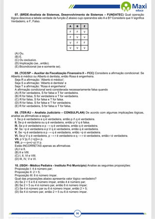 96
07. (BRDE-Analista de Sistemas, Desenvolvimento de Sistemas – FUNDATEC) Qual operação
lógica descreve a tabela verdade da função Z abaixo cujo operandos são A e B? Considere que V significa
Verdadeiro, e F, Falso.
(A) Ou.
(B) E.
(C) Ou exclusivo.
(D) Implicação (se...então).
(E) Bicondicional (se e somente se).
08. (TCE/SP – Auxiliar da Fiscalização Financeira II – FCC) Considere a afirmação condicional: Se
Alberto é médico ou Alberto é dentista, então Rosa é engenheira.
Seja R a afirmação: 'Alberto é médico';
Seja S a afirmação: 'Alberto é dentista' e
Seja T a afirmação: 'Rosa é engenheira'.
A afirmação condicional será considerada necessariamente falsa quando
(A) R for verdadeira, S for falsa e T for verdadeira.
(B) R for falsa, S for verdadeira e T for verdadeira.
(C) R for falsa, S for falsa e T for falsa.
(D) R for falsa, S for falsa e T for verdadeira.
(E) R for verdadeira, S for falsa e T for falsa.
09. (TER-RJ – Analista Judiciário – CONSULPLAN) De acordo com algumas implicações lógicas,
analise as afirmativas a seguir.
I. Se p é verdadeira e q é verdadeira, então p Λ q é verdadeira.
II. Se p é verdadeira ou q é verdadeira, então p V q é falsa.
III. Se p é verdadeira e p ⟶ q é verdadeira, então q é verdadeira.
IV. Se ~p é verdadeira e p V q é verdadeira, então q é verdadeira.
V. Se ~q é verdadeira e p ⟶ q é verdadeira, então ~p é verdadeira.
VI. Se p V q é verdadeira, p ⟶ r é verdadeira e q ⟶ r é verdadeira, então r é verdadeira.
VII. p V [q Λ (~q)]⇔ p.
VIII. p⟶ q⇔(~p) V p.
Estão INCORRETAS apenas as afirmativas
(A) I e II.
(B) II e VIII.
(C) I, II, VI e VIII.
(D) III, IV, V e VI.
10. (ISGH - Médico Pediatra - Instituto Pró Município) Analise as seguintes proposições:
Proposição I: 4 é número par;
Proposição II: 2 > 5;
Proposição III: 6 é número ímpar.
Qual das proposições abaixo apresenta valor lógico verdadeiro?
(A) Se 2 > 5 e 6 é número ímpar, então 4 é número par;
(B) Se 2 > 5 ou 4 é número par, então 6 é número ímpar;
(C) Se 4 é número par ou 6 é número ímpar, então 2 > 5;
(D) Se 4 é número par, então 2 > 5 ou 6 é número ímpar.
1671811 E-book gerado especialmente para CARLA DIAS FERRAZ
 