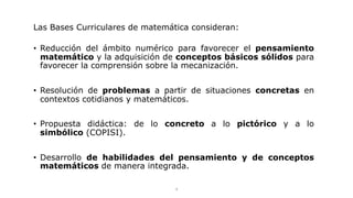 Las Bases Curriculares de matemática consideran:
•  Reducción del ámbito numérico para favorecer el pensamiento
matemático y la adquisición de conceptos básicos sólidos para
favorecer la comprensión sobre la mecanización.
•  Resolución de problemas a partir de situaciones concretas en
contextos cotidianos y matemáticos.
•  Propuesta didáctica: de lo concreto a lo pictórico y a lo
simbólico (COPISI).
•  Desarrollo de habilidades del pensamiento y de conceptos
matemáticos de manera integrada.
4	
  
 