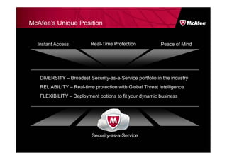 McAfee’s Unique Position


  Instant Access          Real-Time Protection            Peace of Mind




   DIVERSITY – Broadest Security-as-a-Service portfolio in the industry
   RELIABILITY – Real-time protection with Global Threat Intelligence
   FLEXIBILITY – Deployment options to fit your dynamic business




                          Security-as-a-Service
 