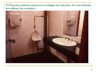 28
1°) Tous les endroits où peuvent se réfugier les microbes. Ce sont d’abord,
les toilettes, les vestiaires ;
 