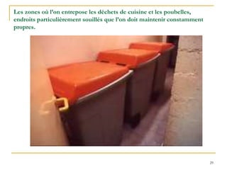 29
Les zones où l’on entrepose les déchets de cuisine et les poubelles,
endroits particulièrement souillés que l’on doit maintenir constamment
propres.
 
