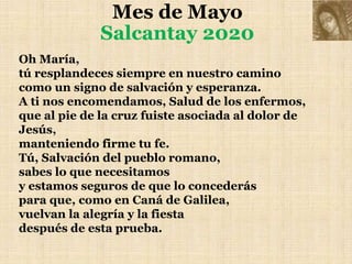 Mes de Mayo
Salcantay 2020
Oh María,
tú resplandeces siempre en nuestro camino
como un signo de salvación y esperanza.
A ti nos encomendamos, Salud de los enfermos,
que al pie de la cruz fuiste asociada al dolor de
Jesús,
manteniendo firme tu fe.
Tú, Salvación del pueblo romano,
sabes lo que necesitamos
y estamos seguros de que lo concederás
para que, como en Caná de Galilea,
vuelvan la alegría y la fiesta
después de esta prueba.
 