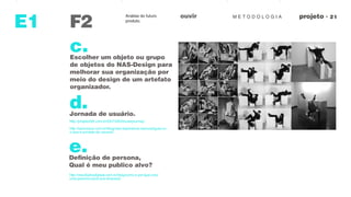 M E T O D O L O G I AouvirAnálise do futuro
produto.
F2
observaçoes
E1
c.Escolher um objeto ou grupo
de objetos do NAS-Design para
melhorar sua organização por
meio do design de um artefato
organizador.
d.Jornada de usuário.
http://resultadosdigitais.com.br/blog/como-e-por-que-criar-
uma-persona-para-sua-empresa/
http://projeto292.com.br/2011/09/25/userjourney/
http://samuraiux.com.br/blog/user-experience-samurai/guia-ux-
o-que-e-jornada-do-usuario/
e.Definição de persona,
Qual é meu publico alvo?
 
