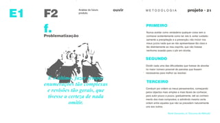 M E T O D O L O G I AouvirAnálise do futuro
produto.
F2
observaçoes
E1
f.Problematização
Conduzir por ordem os meus pensamentos, começando
pelos objectos mais simples e mais fáceis de conhecer,
para subir pouco a pouco, gradualmente, até ao conheci-
mento dos mais compostos; e admitindo mesmo certa
ordem entre aqueles que não se precedem naturalmente
uns aos outros.
Nunca aceitar como verdadeira qualquer coisa sem a
conhecer evidentemente como tal; isto é, evitar cuidado-
samente a precipitação e a prevenção; não incluir nos
meus juízos nada que se não apresentasse tão clara e
tão distintamente ao meu espírito, que não tivesse
nenhuma ocasião para o pôr em dúvida.
PRIMEIRO
SEGUNDO
Dividir cada uma das dificuldades que tivesse de abordar
no maior número possível de parcelas que fossem
necessárias para melhor as resolver.
TERCEIRO
René Descartes, in 'Discurso do Método'
E o último, fazer sempre
enumerações tão complexas
e revisões tão gerais, que
tivesse a certeza de nada
omitir.
 