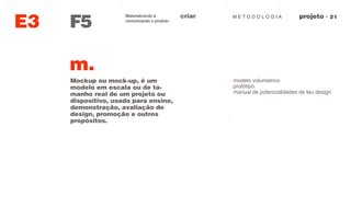M E T O D O L O G I AcriarMaterializando e
comunicando o produto.
F5
observaçoes
E3
m.
Mockup ou mock-up, é um
modelo em escala ou de ta-
manho real de um projeto ou
dispositivo, usado para ensino,
demonstração, avaliação de
design, promoção e outros
propósitos.
modelo volumetrico
protótipo
manual de potencialidades de teu design
 