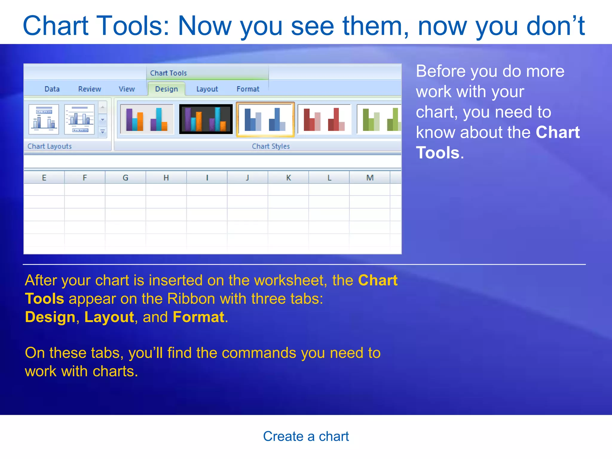 Create a chart
Chart Tools: Now you see them, now you don’t
Before you do more
work with your
chart, you need to
know about the Chart
Tools.
After your chart is inserted on the worksheet, the Chart
Tools appear on the Ribbon with three tabs:
Design, Layout, and Format.
On these tabs, you’ll find the commands you need to
work with charts.
 