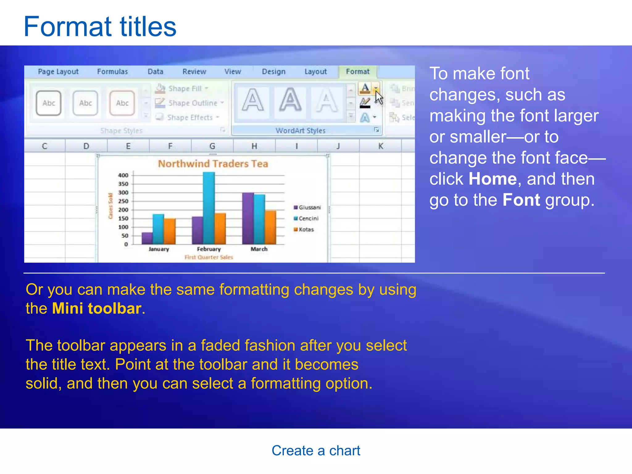 Create a chart
Format titles
To make font
changes, such as
making the font larger
or smaller—or to
change the font face—
click Home, and then
go to the Font group.
Or you can make the same formatting changes by using
the Mini toolbar.
The toolbar appears in a faded fashion after you select
the title text. Point at the toolbar and it becomes
solid, and then you can select a formatting option.
 