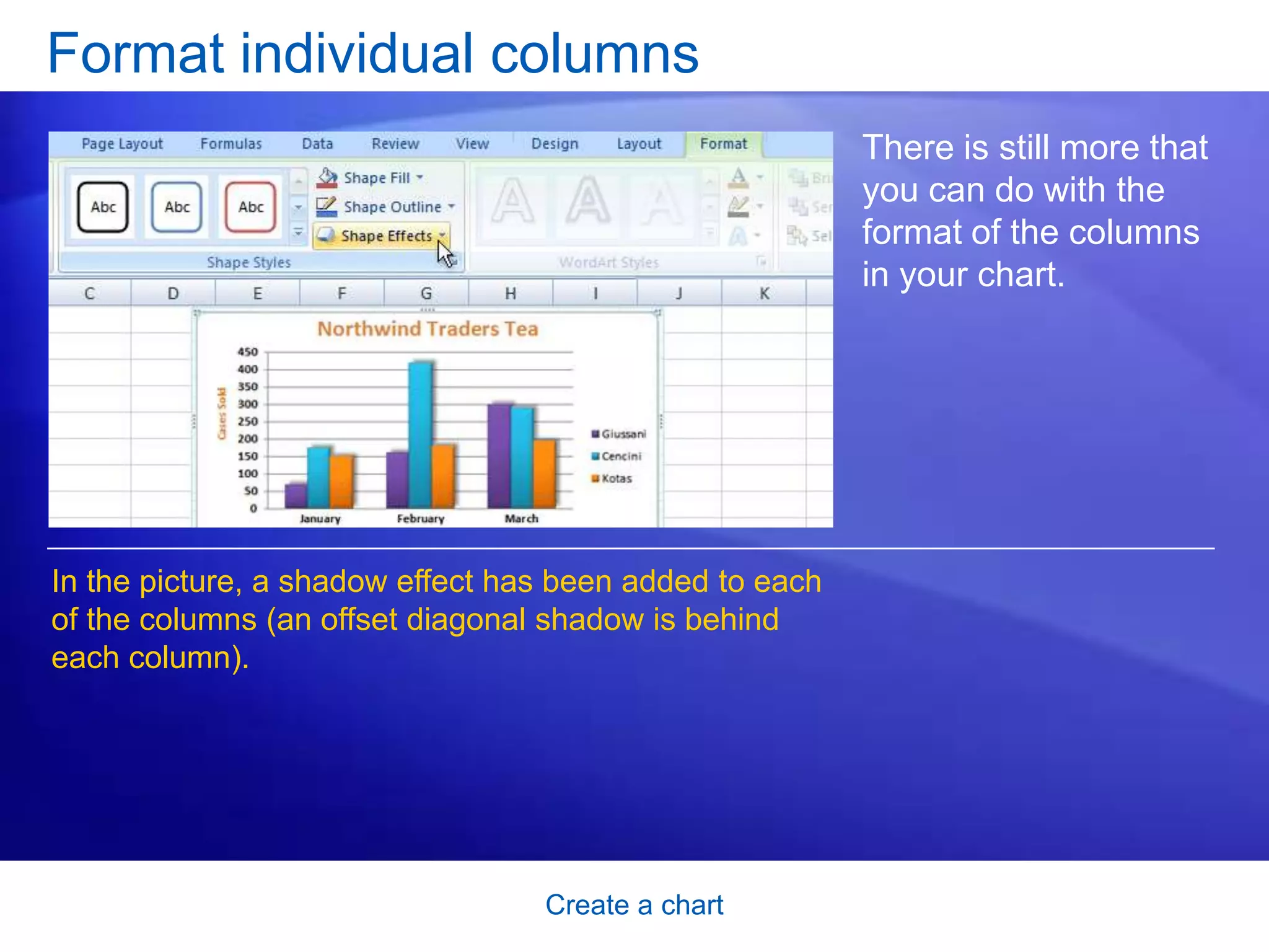Create a chart
Format individual columns
There is still more that
you can do with the
format of the columns
in your chart.
In the picture, a shadow effect has been added to each
of the columns (an offset diagonal shadow is behind
each column).
 
