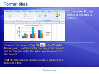 Create a chart
Format titles
To use a text fill, first
click in a title area to
select it.
Then click the arrow on Text Fill in the WordArt
Styles group. Rest the pointer over any of the colors to
see the changes in the title. When you see a color you
like, select it.
Text Fill also includes options to apply a gradient or a
texture to a title.
 
