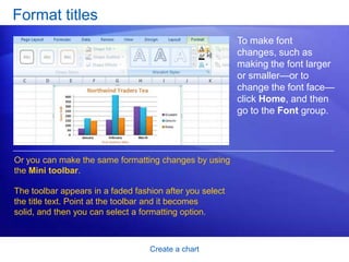 Create a chart
Format titles
To make font
changes, such as
making the font larger
or smaller—or to
change the font face—
click Home, and then
go to the Font group.
Or you can make the same formatting changes by using
the Mini toolbar.
The toolbar appears in a faded fashion after you select
the title text. Point at the toolbar and it becomes
solid, and then you can select a formatting option.
 