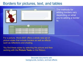 Decorate documents with
backgrounds, borders, and text effects
Borders for pictures, text, and tables
The methods for
adding borders vary
depending on what
you’re adding a border
to.
For a picture, Word 2007 offers a whole new set of
picture styles that include borders as well as effects
such as reflections and shading.
You find these styles by selecting the picture and then
working with the Picture Tools on the Ribbon.
 