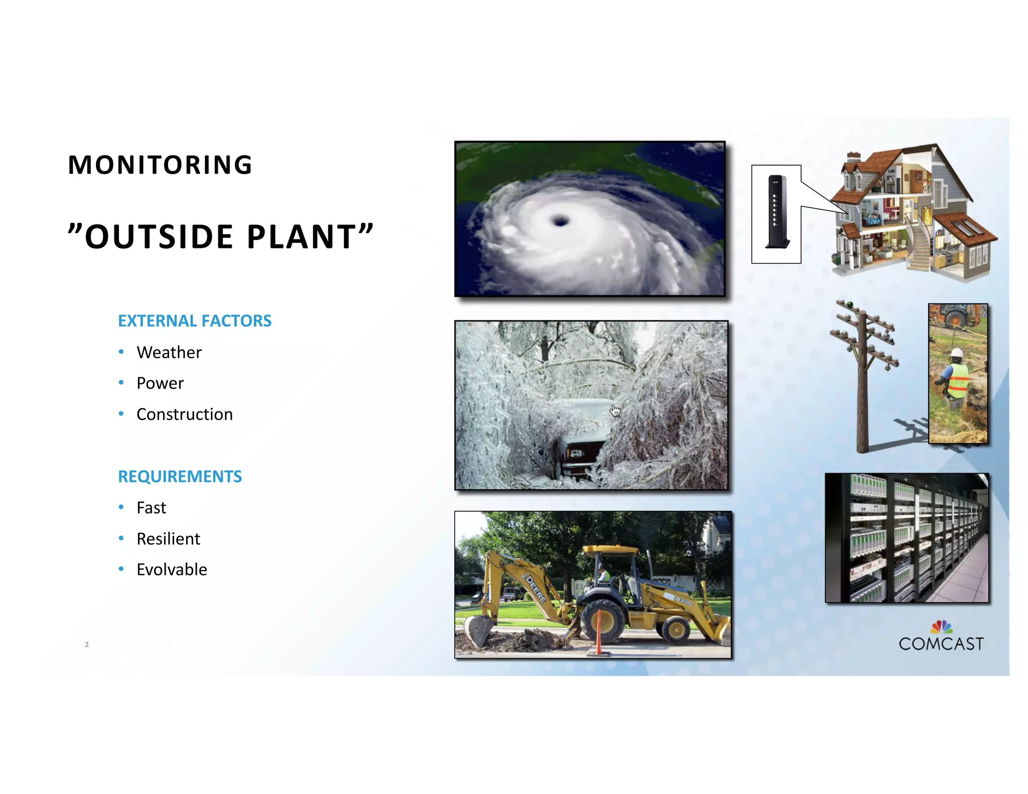 2
MONITORING
”OUTSIDE PLANT”
EXTERNAL FACTORS
• Weather
• Power
• Construction
REQUIREMENTS
• Fast
• Resilient
• Evolvable
 