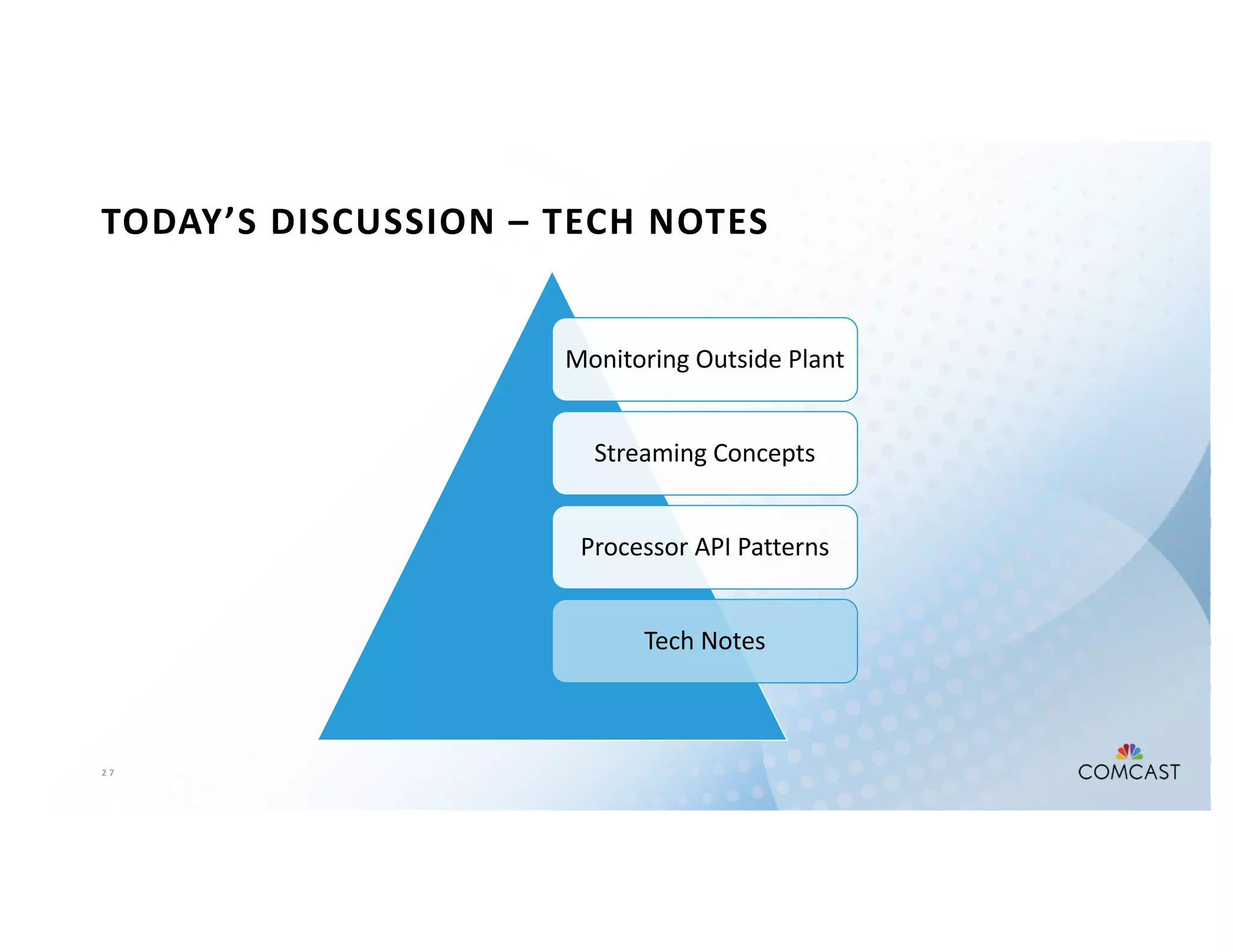2 7
TODAY’S DISCUSSION – TECH NOTES
Monitoring Outside Plant
Streaming Concepts
Processor API Patterns
Tech Notes
 