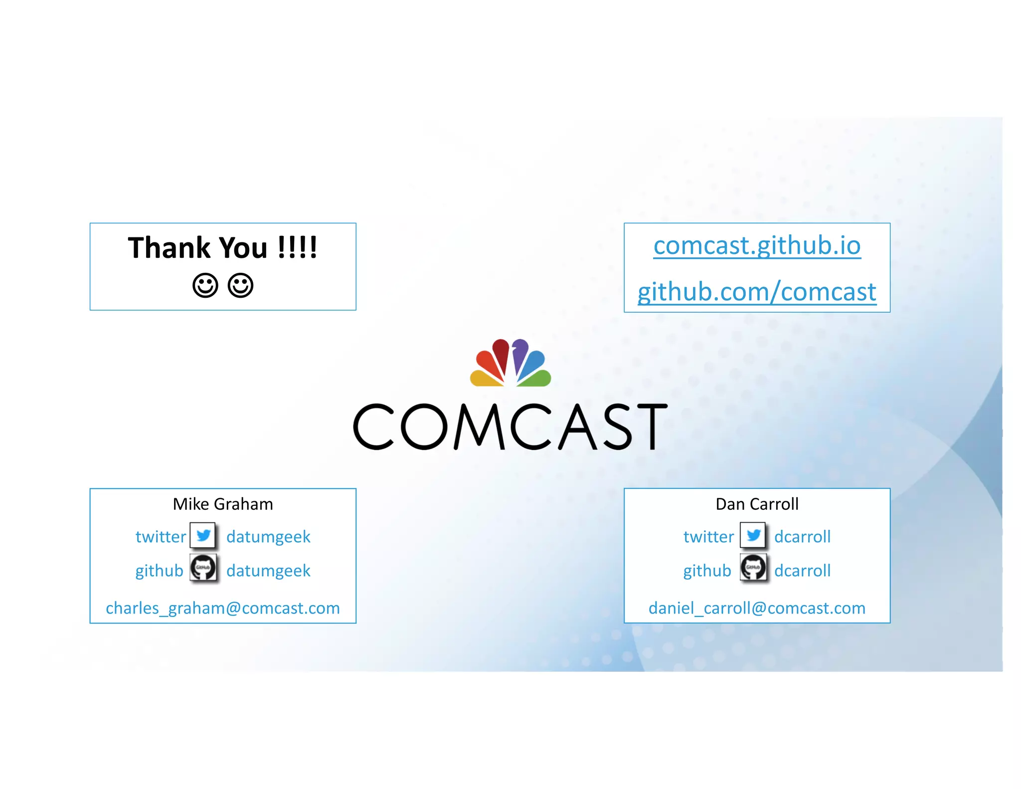 comcast.github.io
github.com/comcast
Mike Graham
twitter datumgeek
github datumgeek
charles_graham@comcast.com
Dan Carroll
twitter dcarroll
github dcarroll
daniel_carroll@comcast.com
Thank You !!!!
J J
 