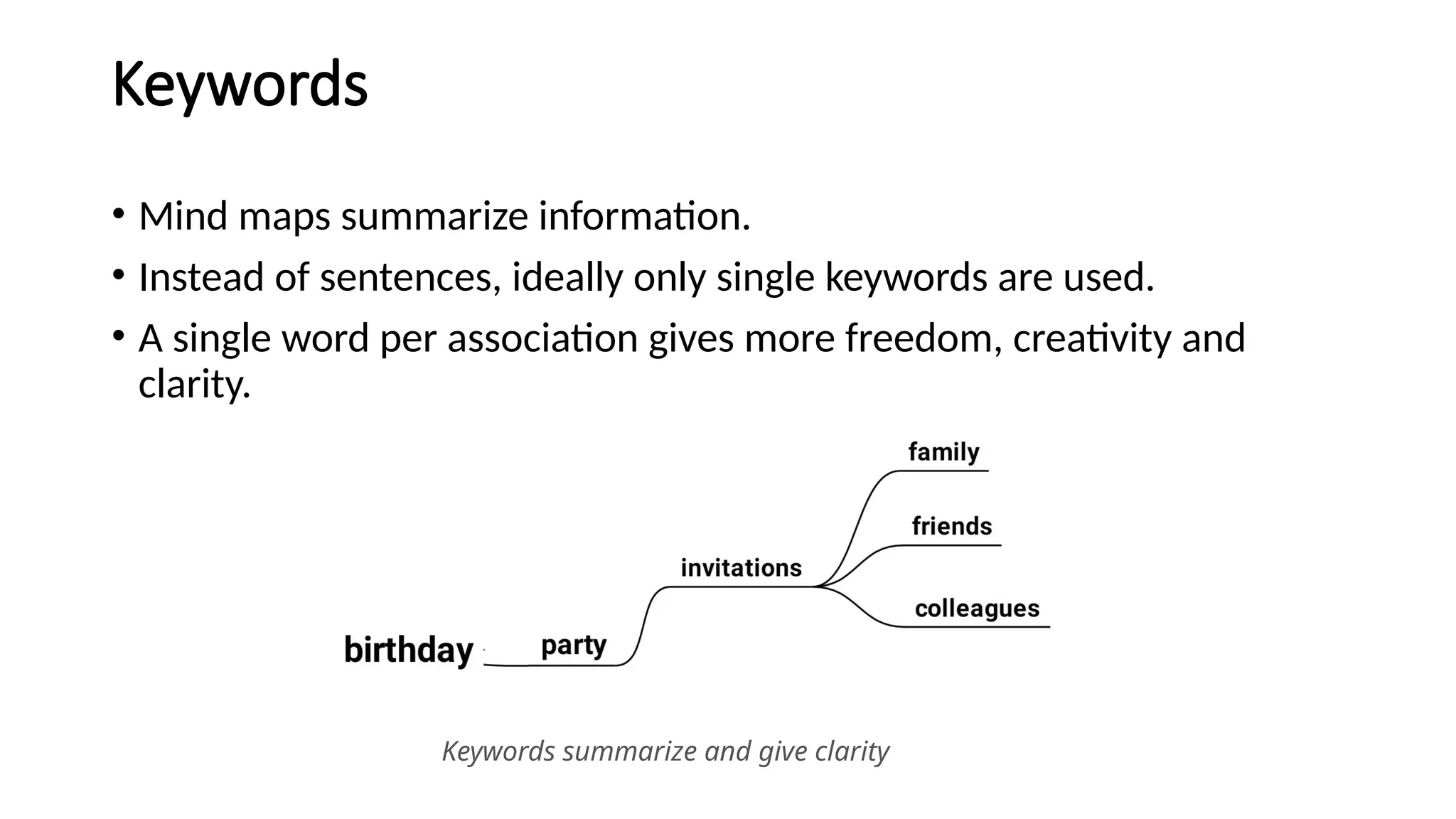 Keywords
• Mind maps summarize information.
• Instead of sentences, ideally only single keywords are used.
• A single word per association gives more freedom, creativity and
clarity.
Keywords summarize and give clarity
 