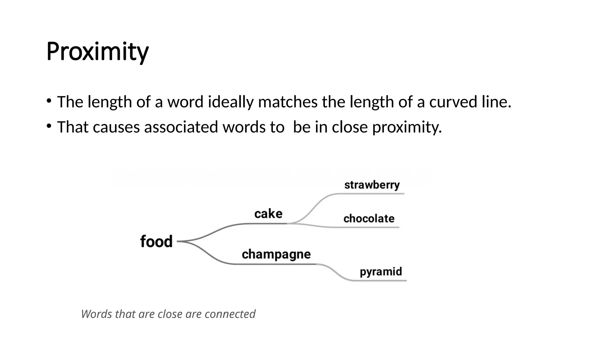 Proximity
• The length of a word ideally matches the length of a curved line.
• That causes associated words to be in close proximity.
Words that are close are connected
 