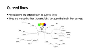 Curved lines
• Associations are often drawn as curved lines.
• They are curved rather than straight, because the brain likes curves.
 