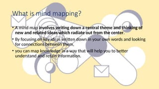 What is mind mapping?
• A mind map involves writing down a central theme and thinking of
new and related ideas which radiate out from the center.
• By focusing on key ideas written down in your own words and looking
for connections between them,
• you can map knowledge in a way that will help you to better
understand and retain information.
 