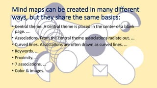 Mind maps can be created in many different
ways, but they share the same basics:
• Central theme. A central theme is placed in the center of a blank
page. ...
• Associations. From the central theme associations radiate out. ...
• Curved lines. Associations are often drawn as curved lines. ...
• Keywords. ...
• Proximity. ...
• 7 associations. ...
• Color & images.
 