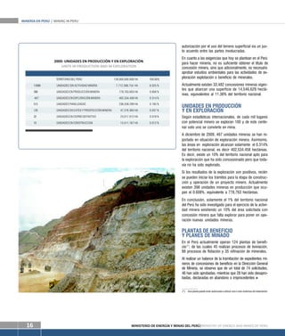 MINERÍA EN PERÚ / MINING IN PERU 
autorización por el uso del terreno superficial vía un jus-to 
acuerdo entre las partes involucradas. 
En cuanto a las exigencias que hoy se plantean en el Perú 
para hacer minería, no es suficiente obtener el título de 
concesión minera, sino que adicionalmente, es necesario 
aprobar estudios ambientales para las actividades de ex-ploración 
explotación o beneficio de minerales. 
Actualmente existen 33,482 concesiones mineras vigen-tes 
que abarcan una superficie de 14,546,629 hectá-reas, 
equivalentes al 11.36% del territorio nacional. 
UNIDADES EN PRODUCCIÓN 
Y EN EXPLORACIÓN 
Según estadísticas internacionales, de cada mil lugares 
con potencial minero se exploran 100 y de este cente-nar 
solo uno se convierte en mina. 
A diciembre de 2009, 467 unidades mineras se han re-portado 
en situación de exploración minera. Asimismo, 
las áreas en exploración alcanzan solamente el 0.314% 
del territorio nacional, es decir 402,534.458 hectáreas. 
Es decir, existe un 10% del territorio nacional apto para 
la exploración que ha sido concesionado pero que toda-vía 
no ha sido explorado. 
Si los resultados de la exploración son positivos, recién 
se pueden iniciar los trámites para la etapa de construc-ción 
y operación de un proyecto minero. Actualmente 
existen 398 unidades mineras en producción que ocu-pan 
el 0.608%, equivalente a 778,763 hectáreas. 
En conclusión, solamente el 1% del territorio nacional 
del Perú ha sido investigado para el ejercicio de la activi-dad 
minera existiendo un 10% del área solicitada con 
concesión minera que falta explorar para poner en ope-ración 
nuevas unidades mineras. 
PLANTAS DE BENEFICIO 
Y PLANES DE MINADO 
En el Perú actualmente operan 124 plantas de benefi-cio(*), 
de las cuales 45 realizan procesos de lixiviación, 
66 procesos de flotación y 35 refinación de minerales. 
Al realizar un balance de la tramitación de expedientes mi-neros 
de concesiones de beneficio en la Dirección General 
de Minería, se observa que de un total de 74 solicitudes, 
46 han sido aprobadas, mientras que 28 han sido desapro-badas, 
declaradas en abandono o improcedentes n 
2009: UNIDADES EN PRODUCCIÓN Y EN EXPLORACIÓN 
UNITS IN PRODUCTION AND IN EXPLORATION 
TERRITORIO DEL PERÚ 128,000,000.000 HA 100.00% 
12686 UNIDADES SIN ACTIVIDAD MINERA 7,712,568.754 HA 6.025 % 
398 UNIDADES EN PRODUCCIÓN MINERA 778,763.603 HA 0.608 % 
467 UNIDADES EN EXPLORACIÓN MINERA 402,534.458 HA 0.314 % 
515 UNIDADES PARALIZADAS 236,558.299 HA 0.185 % 
120 UNIDADES EN CATEO Y PROSPECCIÓN MINERA 47,276.383 HA 0.037 % 
32 UNIDADES EN CIERRE DEFINITIVO 23,017.012 HA 0.018 % 
10 UNIDADES EN CONSTRUCCION 15,511.167 HA 0.012 % 
Tajo Cochavara 
(*) Una planta puede estar autorizada a utilizar uno o más sistemas de tratamiento. 
16 MINISTERIO DE ENERGÍA Y MINAS DEL PERÚ / MINISTRY OF ENERGY AND MINES OF PERU 
 