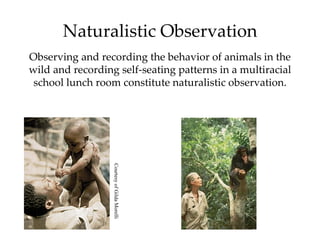 Naturalistic Observation
Observing and recording the behavior of animals in the
wild and recording self-seating patterns in a multiracial
 school lunch room constitute naturalistic observation.

                  Courtesy of Gilda Morelli
 