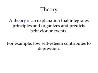 Theory
 A theory is an explanation that integrates
  principles and organizes and predicts
            behavior or events.

For example, low self-esteem contributes to
               depression.
 