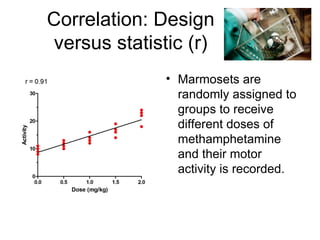 Correlation: Design
versus statistic (r)
              • Marmosets are
                randomly assigned to
                groups to receive
                different doses of
                methamphetamine
                and their motor
                activity is recorded.
 